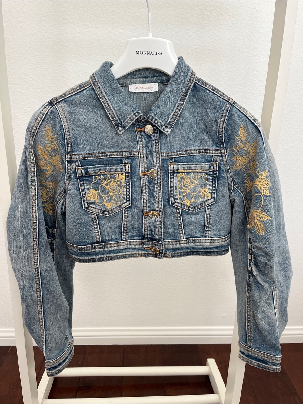 MonnaLisa Light Blue Denim Cropped Jacket with Gold Floral Print
